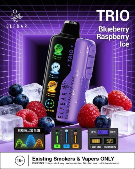 ELFBAR Trio up to 40000 Puffs 50MG Nicotine 4 Mesh Coil Disposable vape Blueberry Raspberry Ice